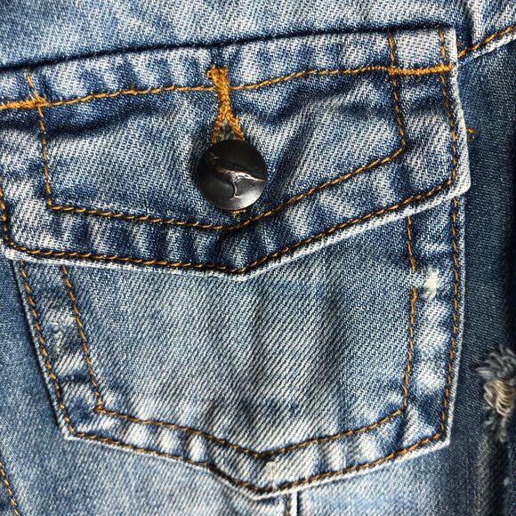 White Crow Distressed Denim Jean Jacket Fade Stars Stripes Womens Size Medium - Picture 13 of 13